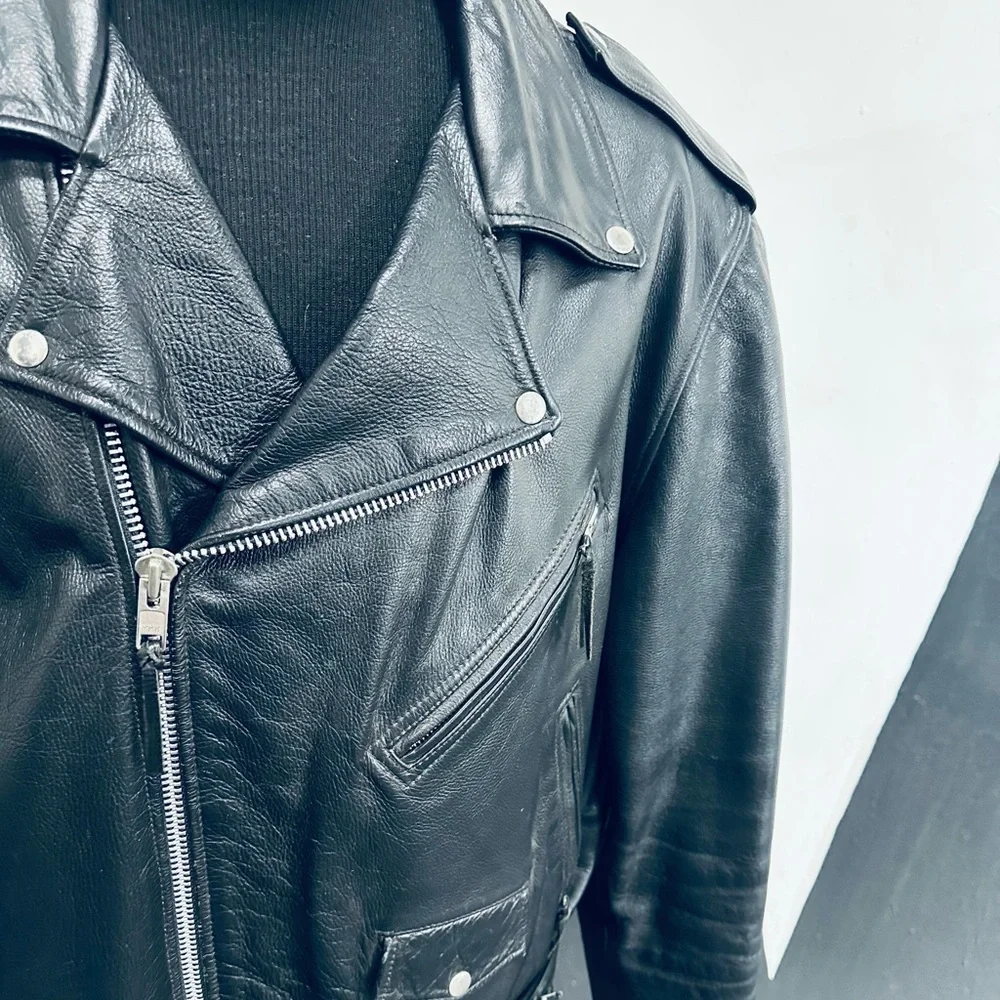 FMC Vintage Classic Black Leather Motorcycle Jacket w/ large Eagle Patcb